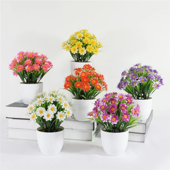 Nettenevime 6lı Set Yapay Çiçek Papatya Beyaz Saksıda Karışık Renkler
