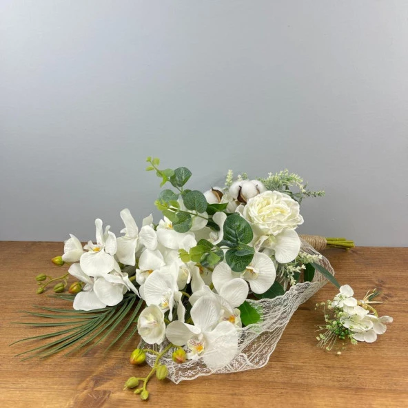 Nettenevime Sarkan Gelin Çiçeği Yapay Çiçek Beyaz Orkide Pamuk Şakayık Ve Yeşillik Gelin Buketi - 7