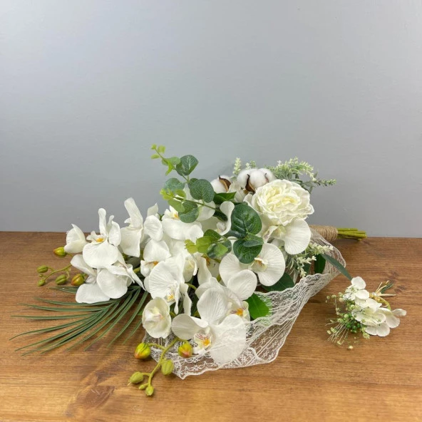 Nettenevime Sarkan Gelin Çiçeği Yapay Çiçek Beyaz Orkide Pamuk Şakayık Ve Yeşillik Gelin Buketi - 8