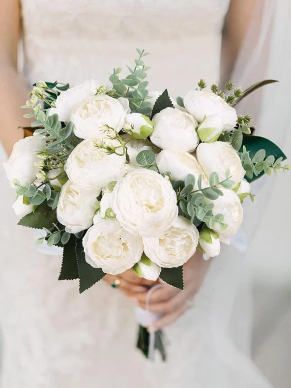 Nettenevime Yapay Çiçek 10lu Beyaz Şakayık Demeti Erengül Gelin Buketi Çiçeği - 7