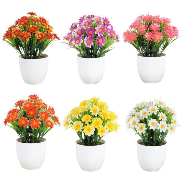 Nettenevime 6lı Set Yapay Çiçek Papatya Beyaz Saksıda Karışık Renkler - Resim 8