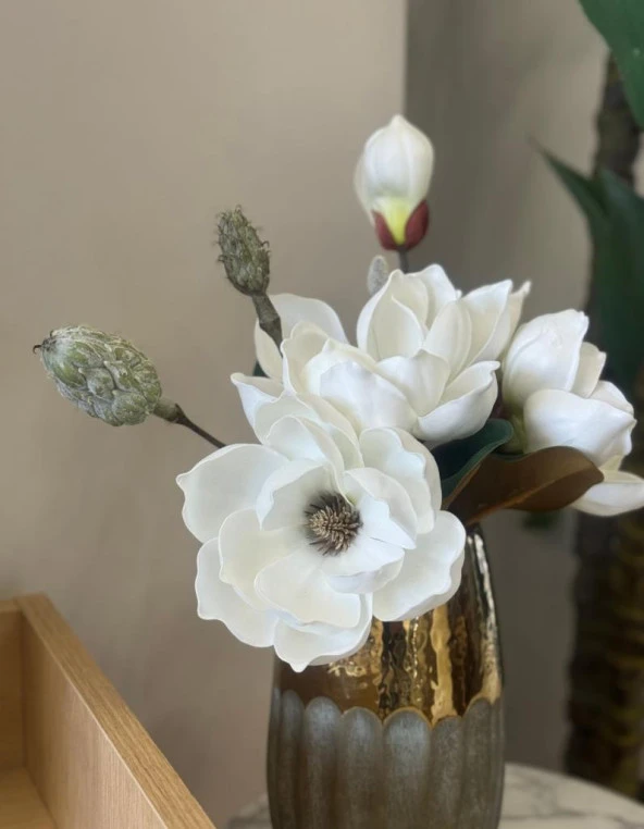 Nettenevime Yapay Çiçek Lüx Manolya Gerçek Dokulu Letex Eva Magnolia Gelin Çiçeği 40cm BEYAZ - 1