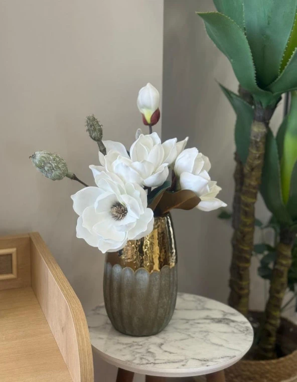 Nettenevime Yapay Çiçek Lüx Manolya Gerçek Dokulu Letex Eva Magnolia Gelin Çiçeği 40cm BEYAZ - 4