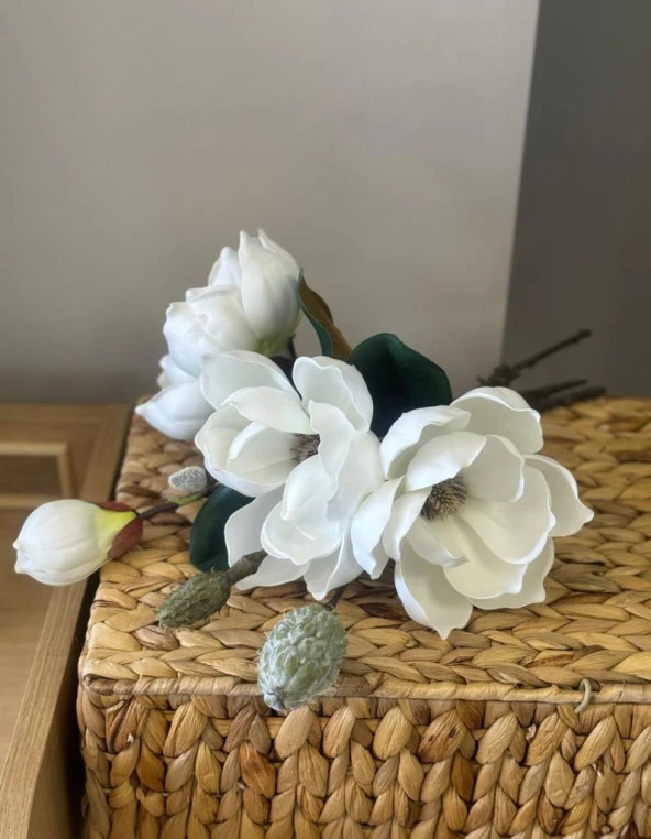 Nettenevime Yapay Çiçek Lüx Manolya Gerçek Dokulu Letex Eva Magnolia Gelin Çiçeği 40cm BEYAZ - 5