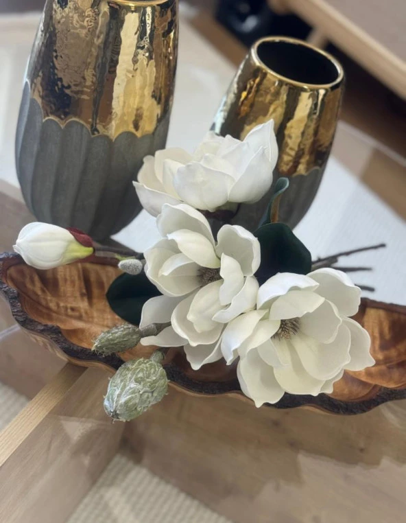 Nettenevime Yapay Çiçek Lüx Manolya Gerçek Dokulu Letex Eva Magnolia Gelin Çiçeği 40cm BEYAZ - 6