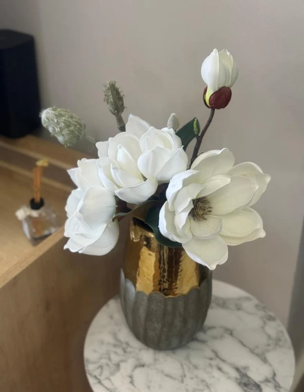 Nettenevime Yapay Çiçek Lüx Manolya Gerçek Dokulu Letex Eva Magnolia Gelin Çiçeği 40cm BEYAZ - 7
