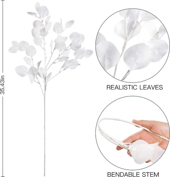 Nettenevime Yapay Çiçek Beyaz Okaliptus Tek Dal Kumaş Yapraklı Uzun Dal 80cm Eucalyptus - 3