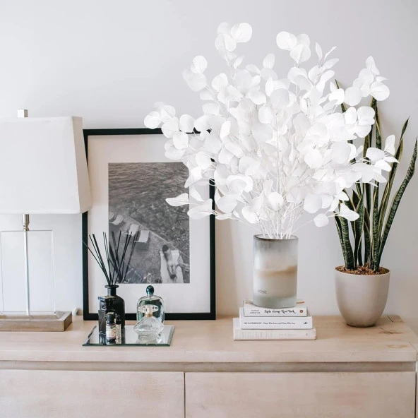 Nettenevime Yapay Çiçek Beyaz Okaliptus Tek Dal Kumaş Yapraklı Uzun Dal 80cm Eucalyptus - 4