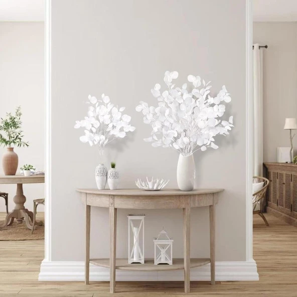 Nettenevime Yapay Çiçek Beyaz Okaliptus Tek Dal Kumaş Yapraklı Uzun Dal 80cm Eucalyptus - 5