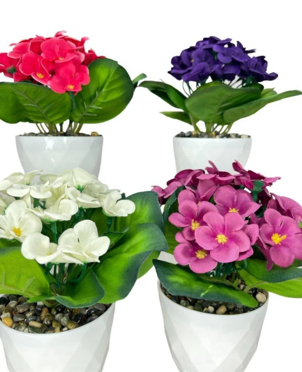 Nettenevime 4lü Set Yapay Çiçek Kadife Menekşe Beyaz Saksıda Gerçekçi Doku  Karışık Renkli - Resim 3