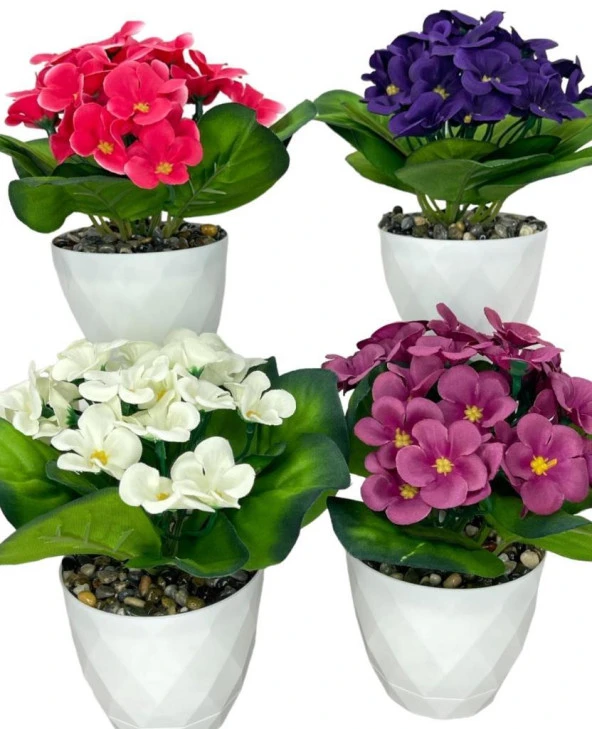 Nettenevime 4lü Set Yapay Çiçek Kadife Menekşe Beyaz Saksıda Gerçekçi Doku  Karışık Renkli - Resim 4