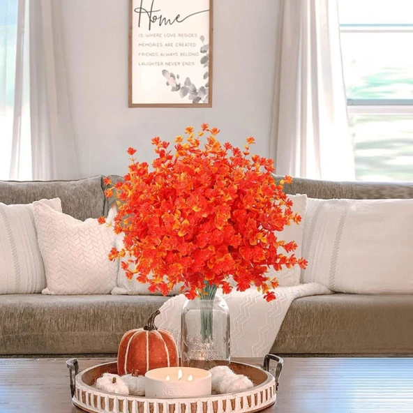 Nettenevime 6lı Set Yapay Çiçek Tam Turuncu Mineli Şimşir Lotus 7 Dallı Plastik Dekoratif Yapay Bitki - Resim 5