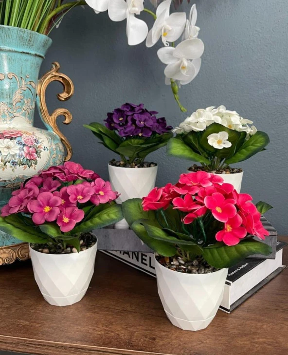 Nettenevime 4lü Set Yapay Çiçek Kadife Menekşe Beyaz Saksıda Gerçekçi Doku  Karışık Renkli - Resim 5