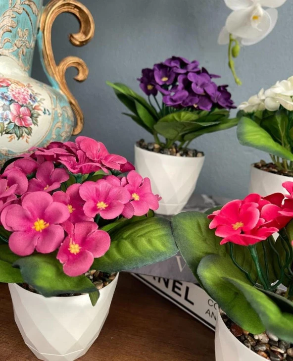 Nettenevime 4lü Set Yapay Çiçek Kadife Menekşe Beyaz Saksıda Gerçekçi Doku  Karışık Renkli - Resim 7