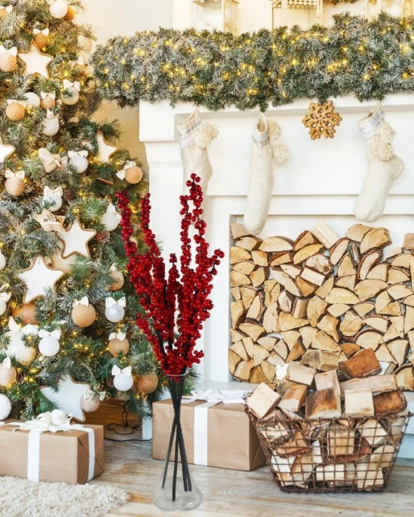 Nettenevime Yapay Çiçek Kokina Uzun Dal 90cm Yılbaşı Çiçeği Red Berry - Resim 7