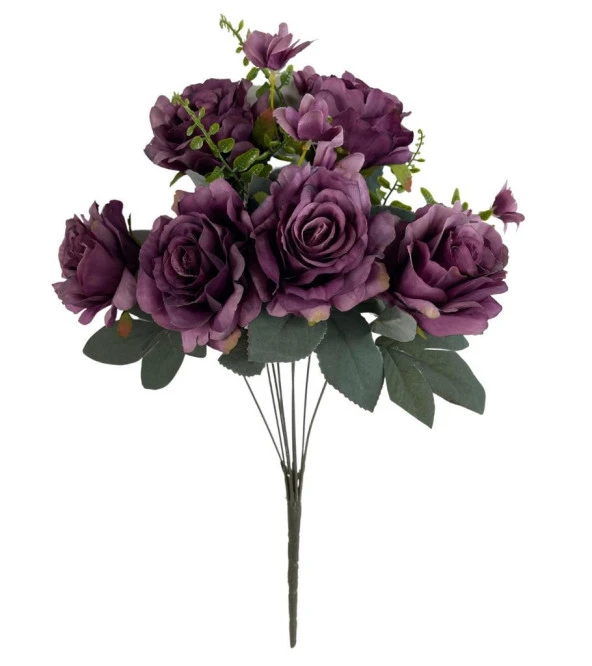 Nettenevime Yapay Çiçek Büyük Demet 6 Kafalı Gül Demeti Ve Cipsolu MOR - Resim 2