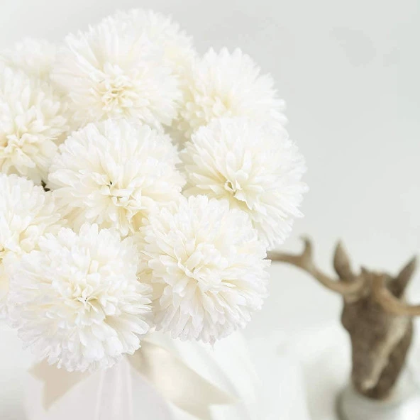 Nettenevime Yapay Çiçek Krizantem Kartopu Beyaz 7 Kafalı Büyük Demet - Resim 3