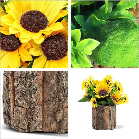 Nettenevime Yapay Çiçek 2 Adet Ahşap Kütük Saksılı Cipsolu Ay Çiçeği - Resim 4