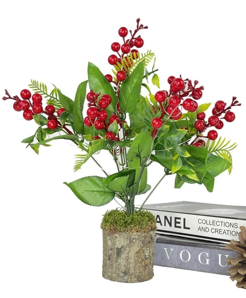 Nettenevime Yapay Çiçek Yılbaşı Çiçeği Kırmızı Kokina Doğal Kütük Odun Saksıda Led Işıklı 3 Fonksiyonlu - 2