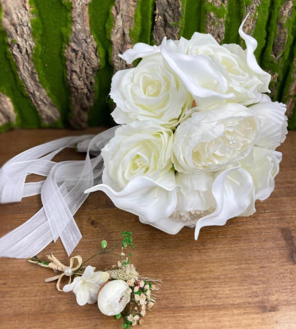 Nettenevime Gelin Çiçeği Yapay Çiçek Beyaz Karışık Buket 8 Islak Gala 7 Gül 5 Şakayık Gelin Buketi 20 Çiçekli