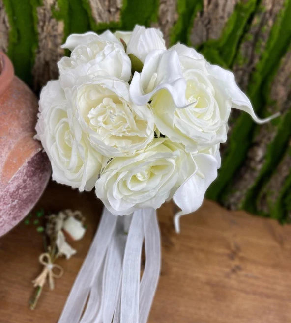 Nettenevime Gelin Çiçeği Yapay Çiçek Beyaz Karışık Buket 8 Islak Gala 7 Gül 5 Şakayık Gelin Buketi 20 Çiçekli - 3