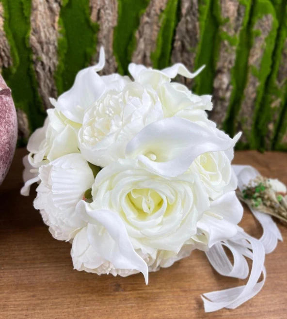 Nettenevime Gelin Çiçeği Yapay Çiçek Beyaz Karışık Buket 8 Islak Gala 7 Gül 5 Şakayık Gelin Buketi 20 Çiçekli - 5