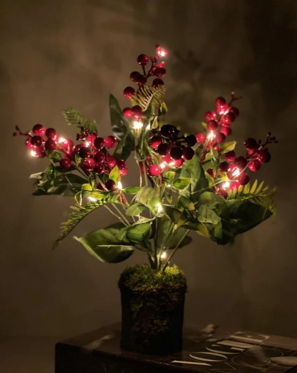 Nettenevime Yapay Çiçek Yılbaşı Çiçeği Kırmızı Kokina Doğal Kütük Odun Saksıda Led Işıklı 3 Fonksiyonlu - 3