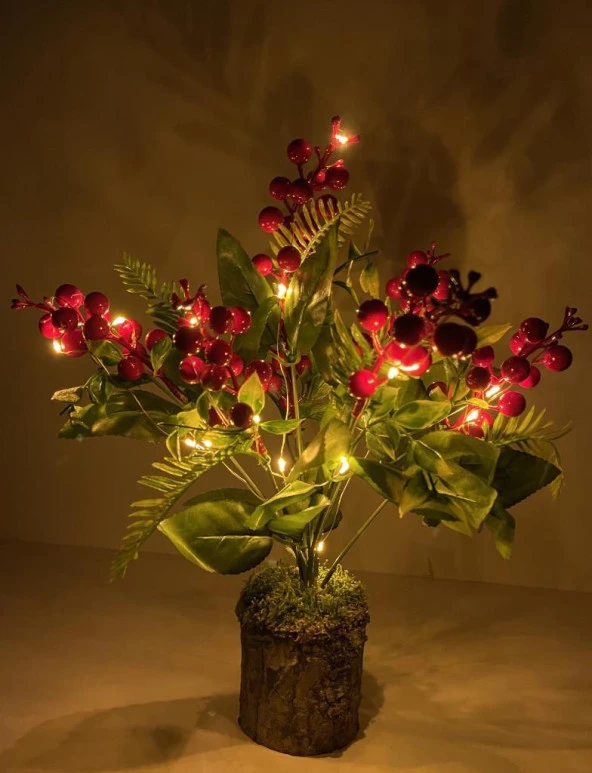 Nettenevime Yapay Çiçek Yılbaşı Çiçeği Kırmızı Kokina Doğal Kütük Odun Saksıda Led Işıklı 3 Fonksiyonlu - 4