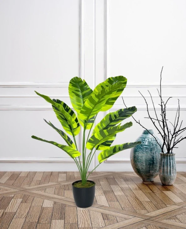 Nettenevime Yapay Çiçek Saksıda Muz Desenli Yapraklı 12Dal 60cm Salon Çiçeği Yapay Bitki - Resim 3