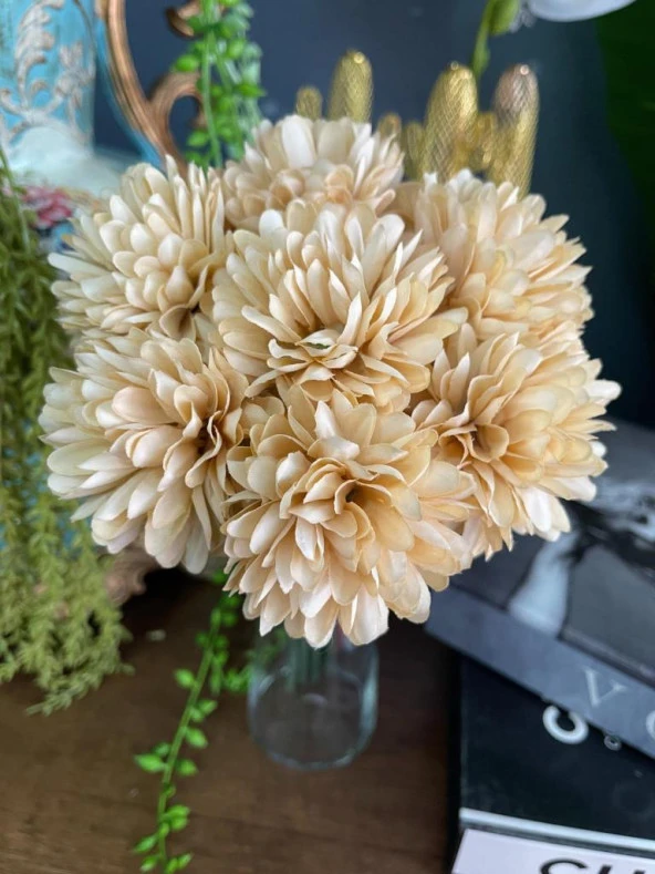 Nettenevime Yapay Çiçek Krizantem Kartopu Cappucino Rengi Renk 7 Ayrı Tek Dal Demet - 8