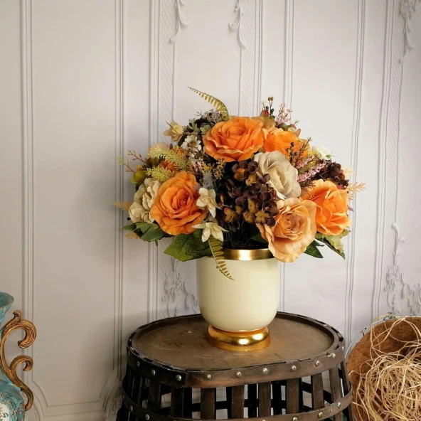 Nettenevime Yapay Çiçek Aranjmanı Gold-Krem Vazolu Somon Yeşil Güllü Nişan Çiçeği İsteme Çiçeği Masa Üstü Çiçeği Arajman - Resim 3