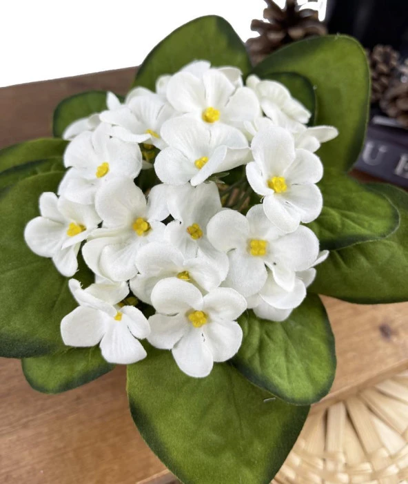 Nettenevime Yapay Çiçek Odun Saksıda Kadife Menekşe Gerçekçi Doku BEYAZ - Resim 3