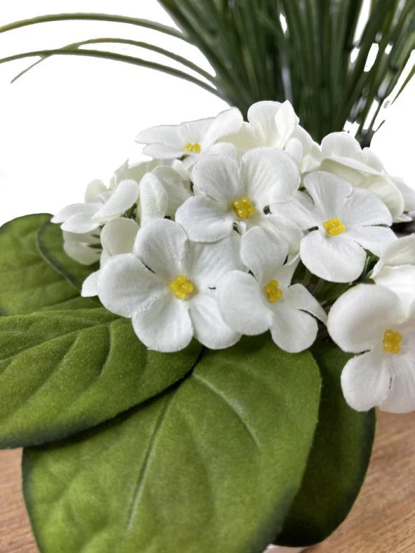 Nettenevime Yapay Çiçek 3 Adet Beyaz Saksıda Kadife Menekşe Gerçekçi Doku - 7