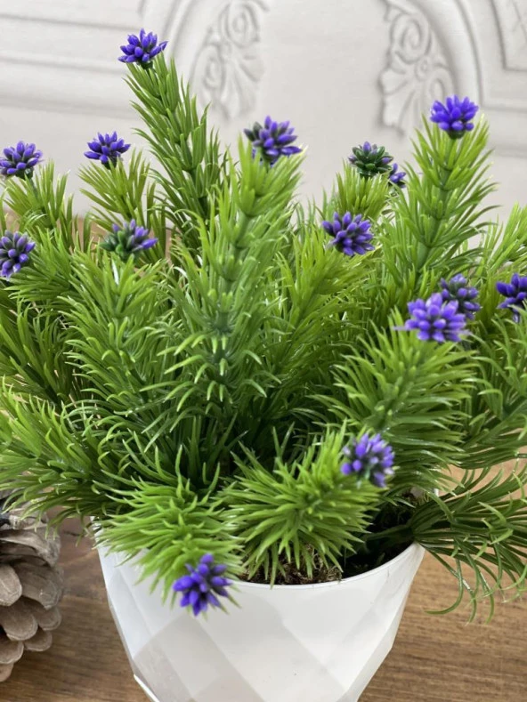 Nettenevime Yapay Çiçek Beyaz Saksıda Mor Çam İğneli Bonus Masa Üzeri Dekoratif Bitki TY242 - 2