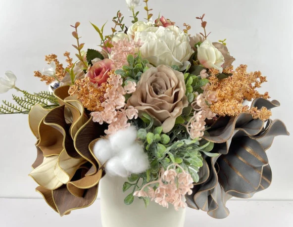 Nettenevime Yapay Çiçek Aranjmanı Gold-Krem Vazolu Nişan Çiçeği İsteme Çiçeği Masa Üstü Çiçeği Arajman arj141 - Resim 3