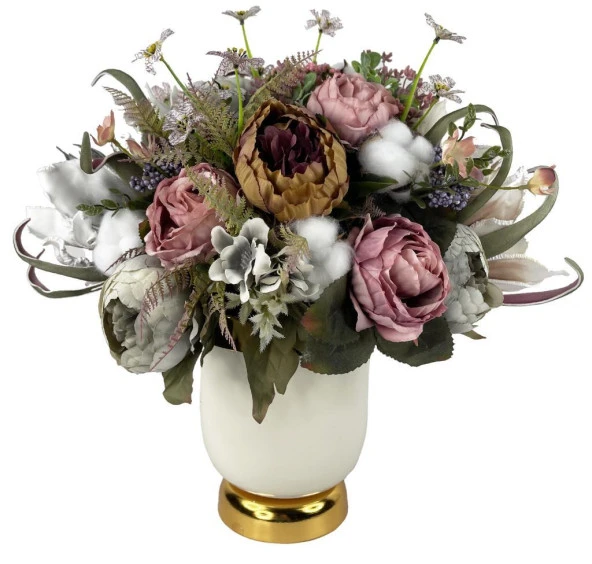 Nettenevime Yapay Çiçek Aranjmanı Gold-Krem Metal Vazolu Nişan Çiçeği İsteme Çiçeği Masa Üstü Çiçeği Arajman 47623