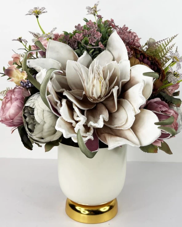 Nettenevime Yapay Çiçek Aranjmanı Gold-Krem Metal Vazolu Nişan Çiçeği İsteme Çiçeği Masa Üstü Çiçeği Arajman 47623 - 5