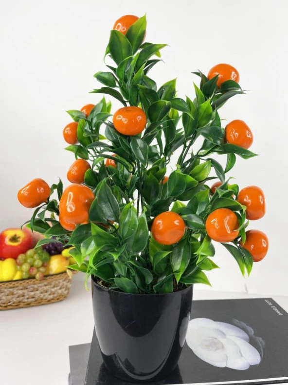 Nettenevime Yapay Çiçek Mandalina Ağacı Siyah Saksıda Mandalina 30cm