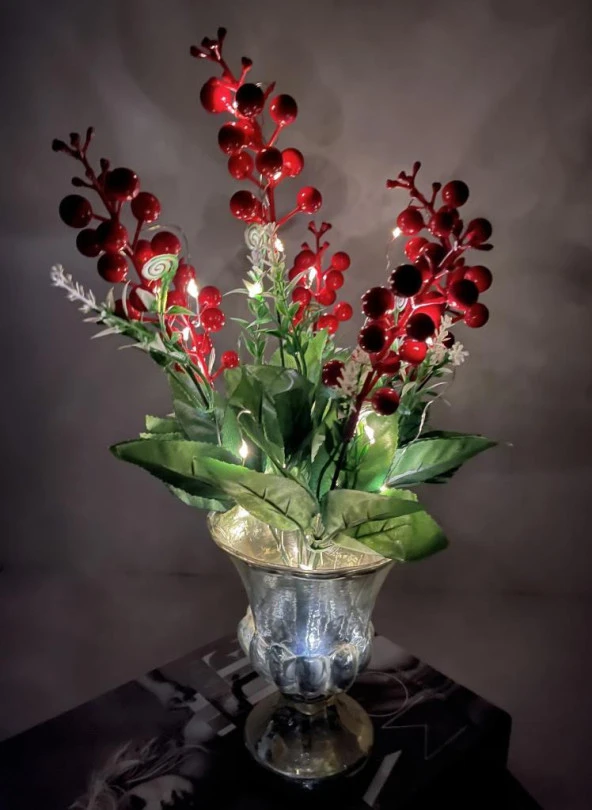 Nettenevime Yapay Çiçek Yılbaşı Çiçeği Kırmızı Demet Kokina Led Işıklı 3 Fonksiyonlu - Resim 2