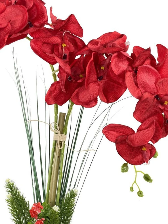 Nettenevime Yapay Çiçek 2 Dal Kırmızı Orkide Gri Seramik Saksıda Orkide 60cm Sevgililer Günü Özel Tasarım - 2