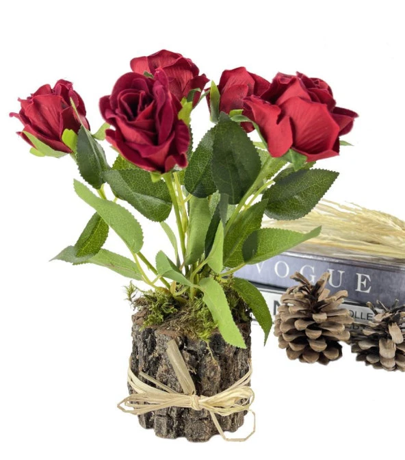 Nettenevime Doğal Ağaç Kütük Üzerine Aranje Edilmiş 5 Adet Yapay Kırmızı Kadife Gül - Resim 2