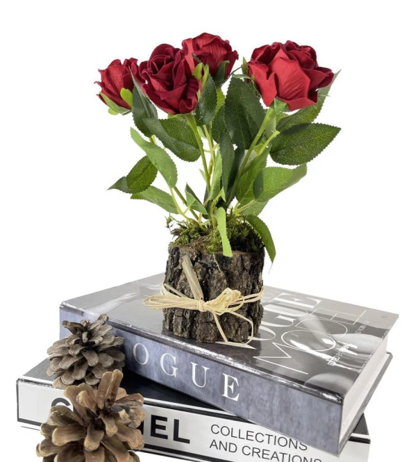 Nettenevime Doğal Ağaç Kütük Üzerine Aranje Edilmiş 5 Adet Yapay Kırmızı Kadife Gül - Resim 3