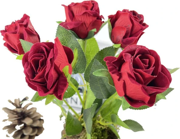 Nettenevime Doğal Ağaç Kütük Üzerine Aranje Edilmiş 5 Adet Yapay Kırmızı Kadife Gül - Resim 4