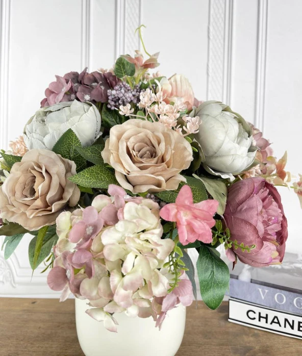 Nettenevime Yapay Çiçek Aranjmanı Metal Gold-Krem Vazolu Nişan Çiçeği İsteme Çiçeği Masa Üstü Çiçeği Arajman - Resim 2