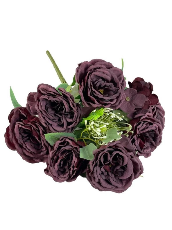 Yapay Çiçek Pastel Bordo Şakayık 9 Dallı 7 Güllü Büyük Boy Demet 40cm - 2