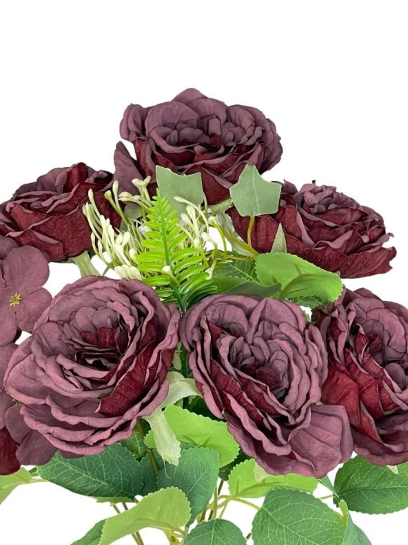 Yapay Çiçek Pastel Bordo Şakayık 9 Dallı 7 Güllü Büyük Boy Demet 40cm - 3