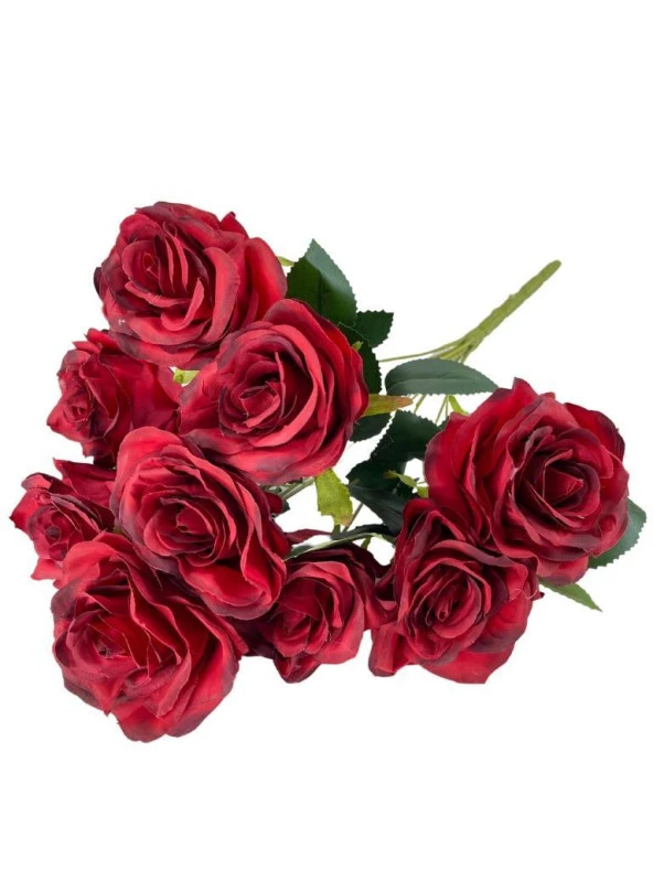 Nettenevime Yapay Çiçek 9 Güllü Büyük Boy Demet 40cm BORDO - Resim 3