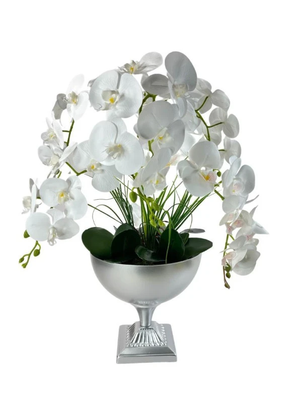 Nettenevime Yapay Çiçek 6 Islak Orkideli Aranjman Kare Ayaklı Konik Metal Mat Gümüş Vazolu Masa Üstü Çiçeği Arajman 29007 ürün görseli