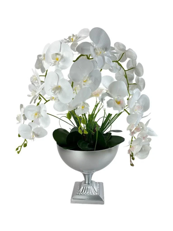 Nettenevime Yapay Çiçek 6 Islak Orkideli Aranjman Kare Ayaklı Konik Metal Mat Gümüş Vazolu Masa Üstü Çiçeği Arajman 29007 - Resim 2