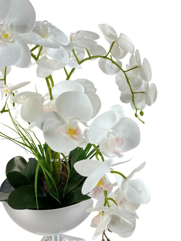 Nettenevime Yapay Çiçek 6 Islak Orkideli Aranjman Kare Ayaklı Konik Metal Mat Gümüş Vazolu Masa Üstü Çiçeği Arajman 29007 - Resim 4